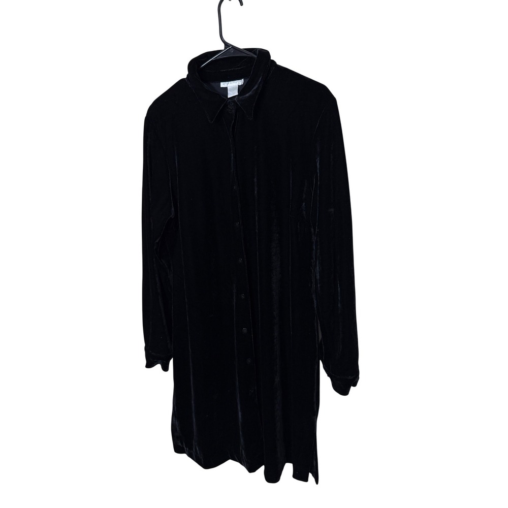 Annie Alexander Black Velvet Button Front Long Sleeve Shirt Dress Size L